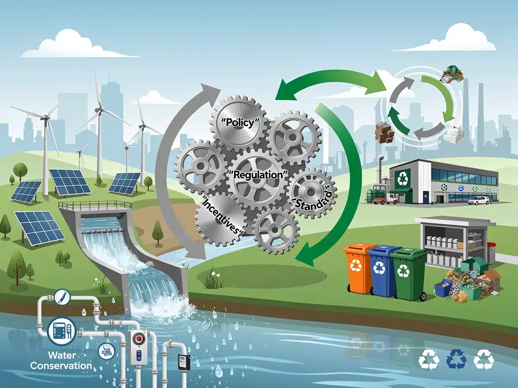 Diagram illustrating the interconnectedness of environmental regulations, clean energy, and waste management.