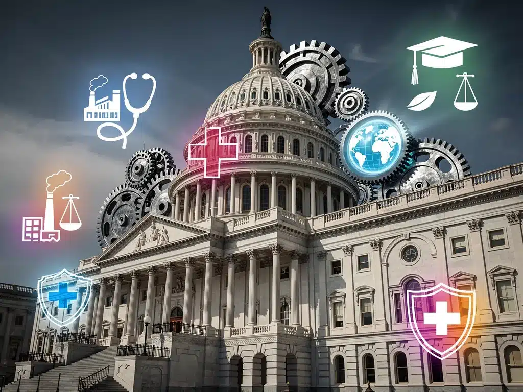 Legislative process with policy symbols, representing agenda setting.