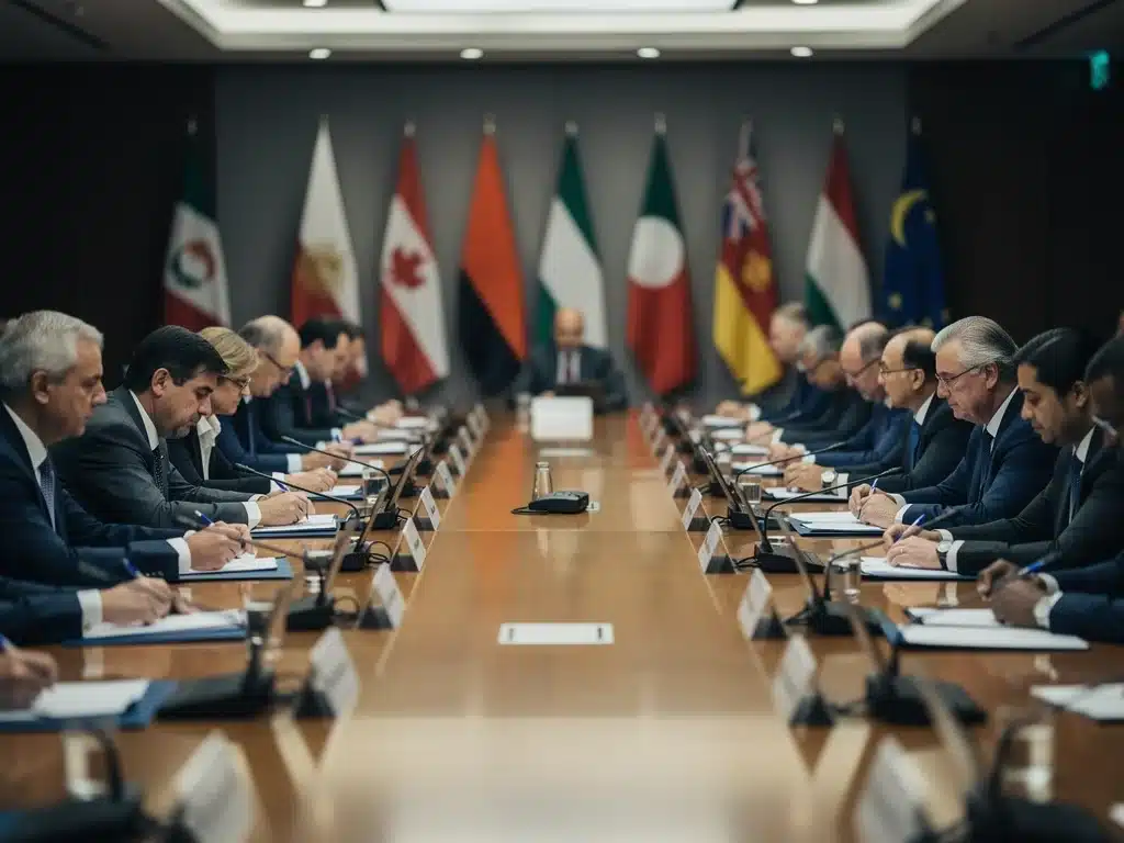 International delegates in a formal meeting discussing multilateral trade agreements and U.S. trade negotiations.