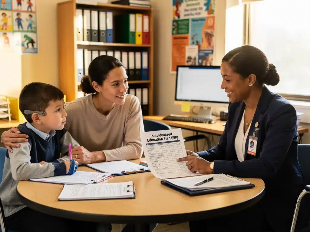 Parent and child reviewing an IEP with school staff, central to Special Education Reform.