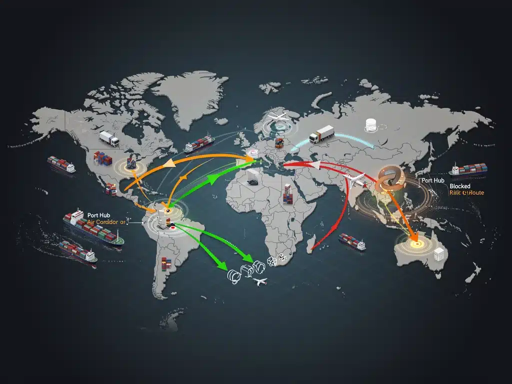 Supply chain map showing altered trade routes and economic pressure points due to U.S. trade negotiations.